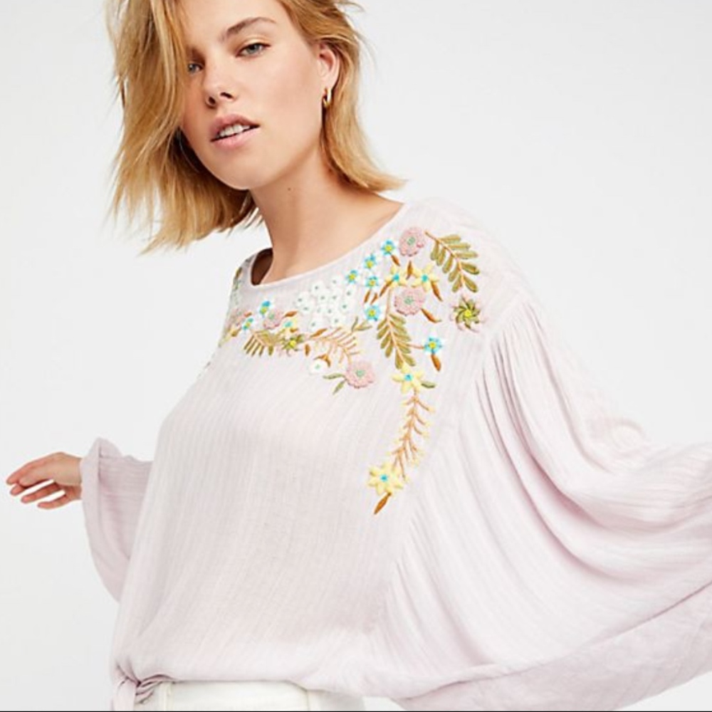 Free People Up and Away Embroidered Floral Blouse